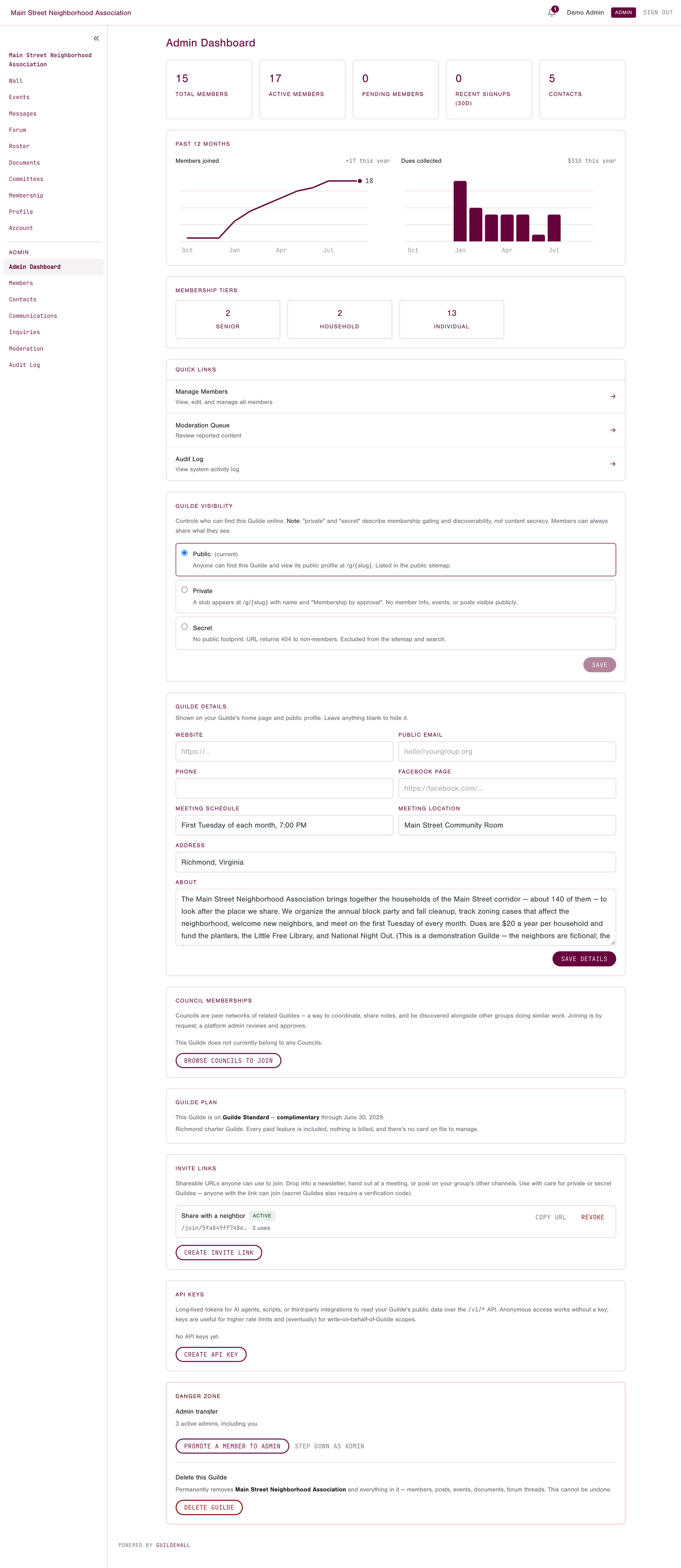 GuildeHall Network admin dashboard